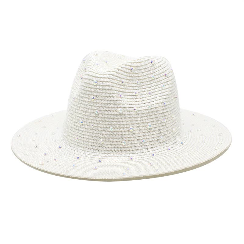 V888-ELOSUNG15769-215661-00 White Women's Wide-Brim Straw Hat with Rhinestones - Elegant and Breathable Sun Hat for Summer Outdoors,M(56-58cm) - Image 1