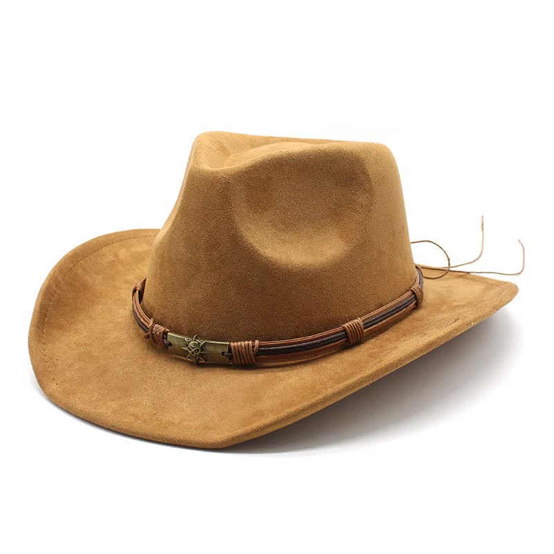 V888-ELOSUNG15775-215748-00 Khaki Unisex Faux Suede Western Cowboy Hat - Wide Brim Vintage Fedora for Outdoor Travel,M(57-58cm) - Image 1