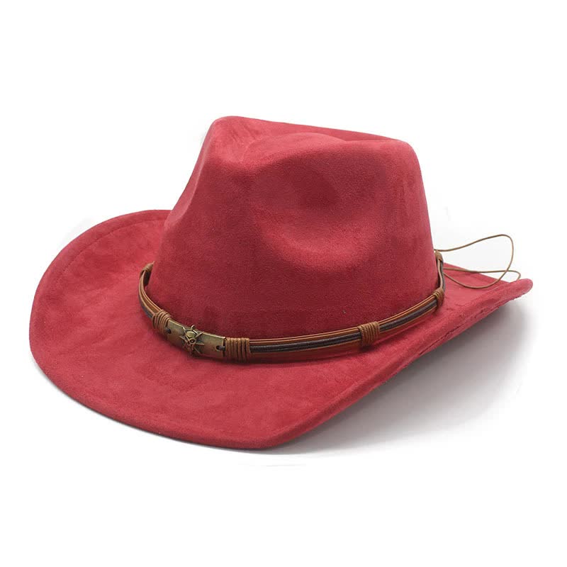 V888-ELOSUNG15780-215753-00 Wine Red Unisex Faux Suede Western Cowboy Hat - Wide Brim Vintage Fedora for Outdoor Travel,M(57-58cm) - Image 1