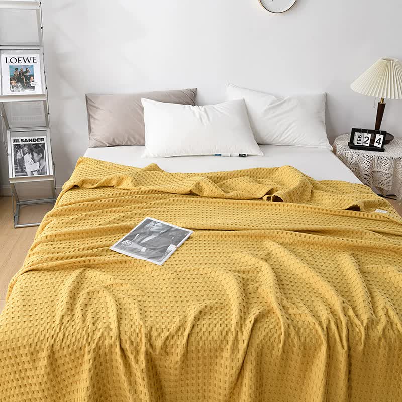 V888-ELOSUNG15816-215888-00 Cotton Waffle Blanket - Air Conditioning Blanket/Throw/Summer Quilt, 100*152cm,Yellow - Image 1