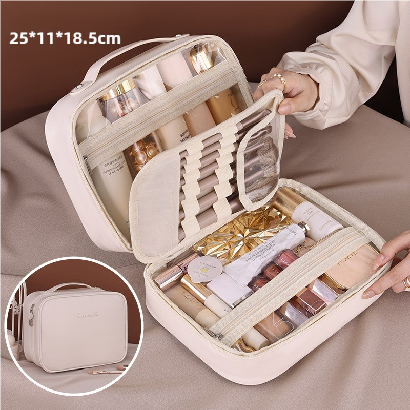 V888-ELOSUNG15867-216148-00 White Portable PU Leather Makeup Bag with Detachable Divider - Travel Cosmetic Organizer - Image 1