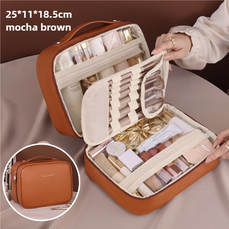 V888-ELOSUNG15868-216124-00 Brown Portable PU Leather Makeup Bag with Detachable Divider - Travel Cosmetic Organizer - Image 1