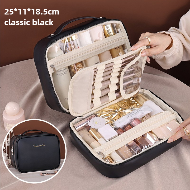 V888-ELOSUNG15870-216128-00 Black Portable PU Leather Makeup Bag with Detachable Divider - Travel Cosmetic Organizer - Image 1