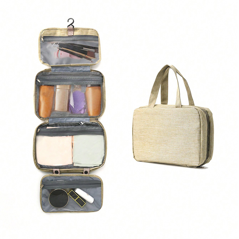 V888-ELOSUNG15881-216693-00 Khaki Multipurpose Portable Travel Toiletry Bag - Waterproof Cosmetic Organizer with Zipper - Image 1