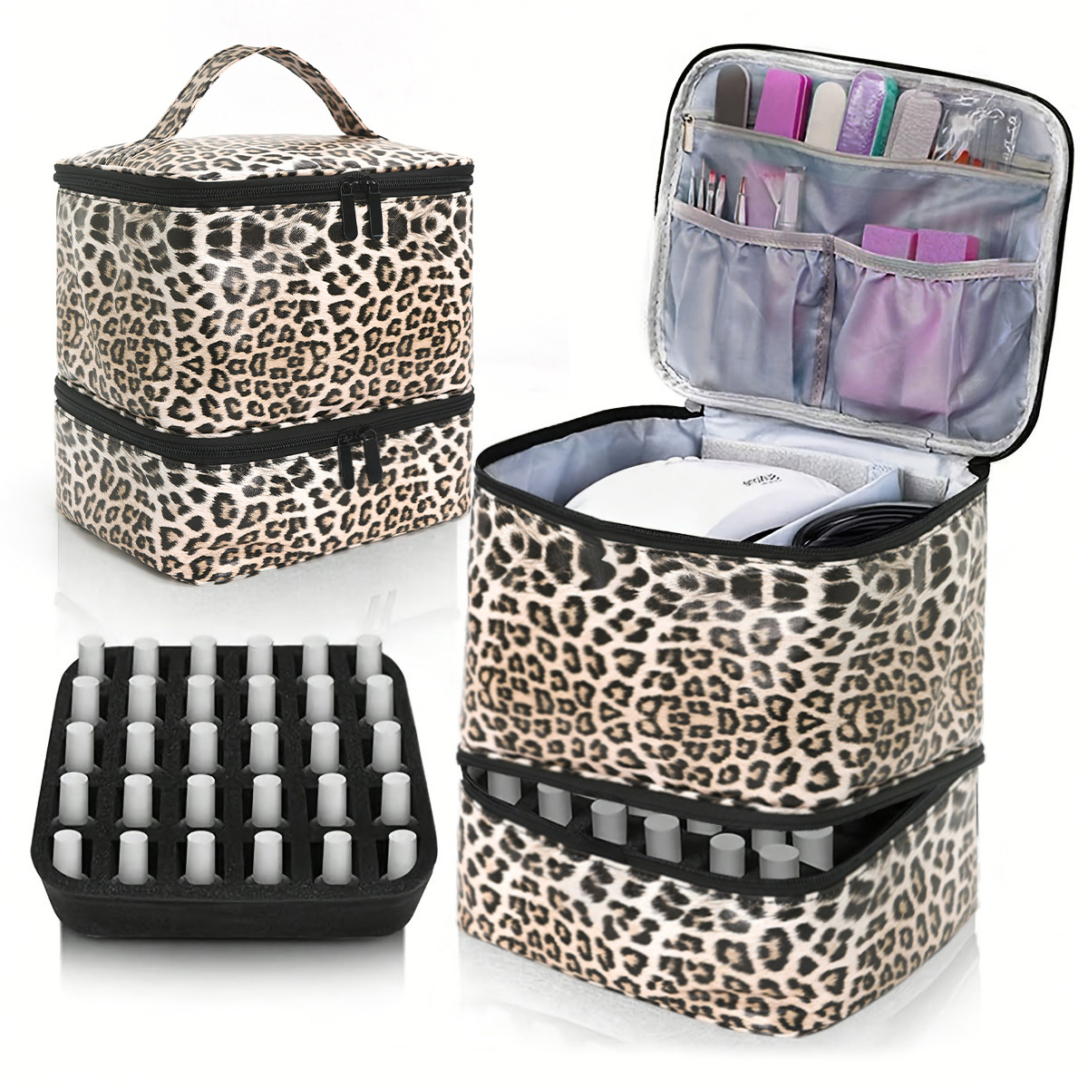 V888-ELOSUNG15896-216340-00 Leopard Double-Layer PU Nail Polish Storage Case with High Capacity for Essential Oils and Nail Lamp - Portable & Adjustable - Image 1