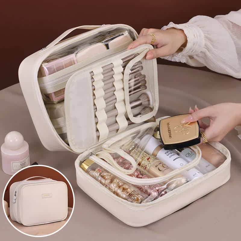 V888-ELOSUNG15922-216518-00 White Premium 5-in-1 Multifunctional PU Cosmetic Bag - Spacious Travel Organizer for Makeup, Toiletries, and Cosmetics - Image 1