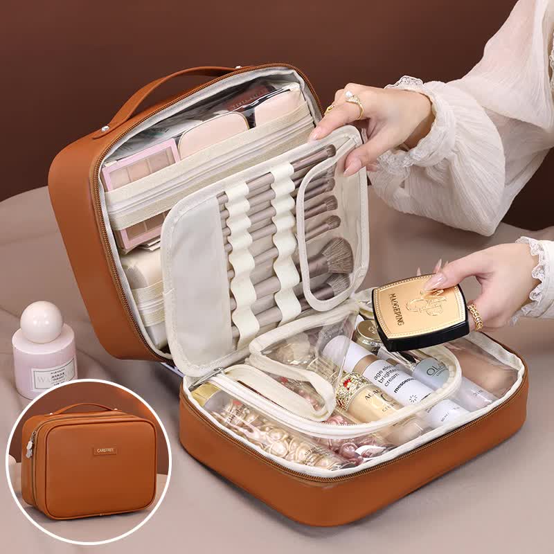 V888-ELOSUNG15925-216521-00 Brown Premium 5-in-1 Multifunctional PU Cosmetic Bag - Spacious Travel Organizer for Makeup, Toiletries, and Cosmetics - Image 1