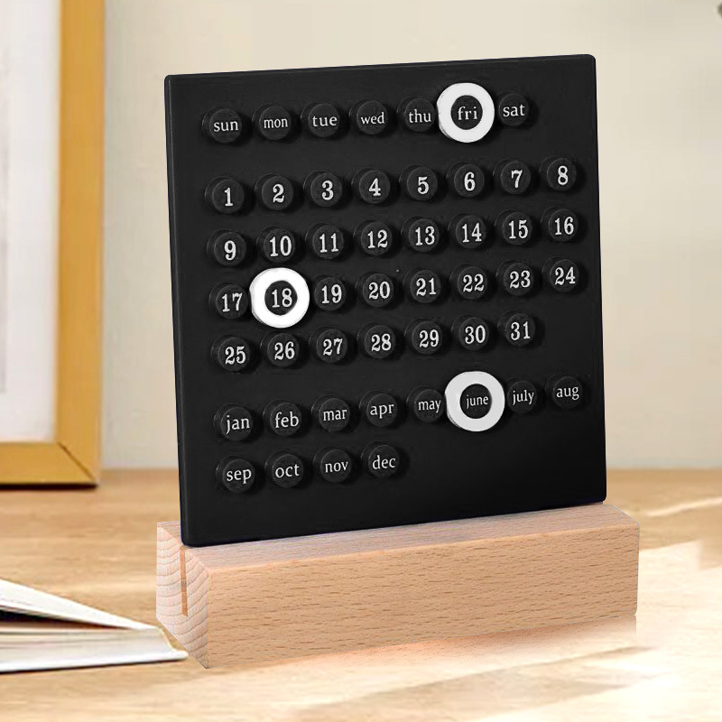 V888-ELOSUNG15993-218439-00 Black DIY Ring Perpetual Calendar - Creative Acrylic Desktop Calendar with Adjustable Rings - Image 1