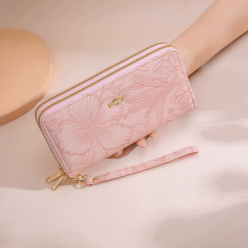 V888-ELOSUNG16023-214227-00 2 PCS Pink Elegant Floral Embossed Long Wallet with Double Zipper - Image 1