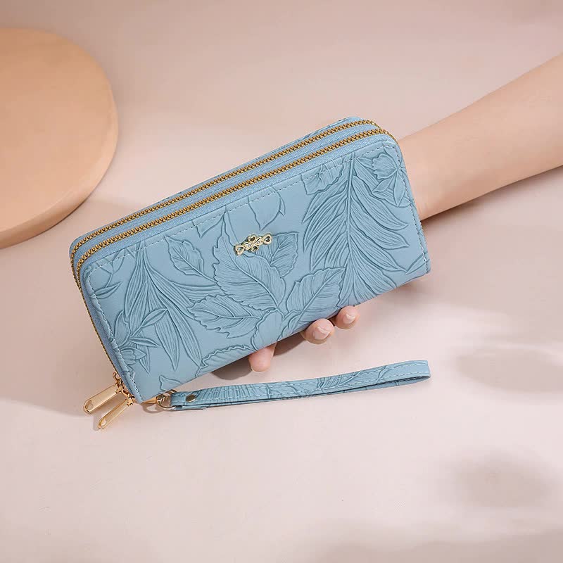 V888-ELOSUNG16024-214228-00 2 PCS Blue Elegant Floral Embossed Long Wallet with Double Zipper - Image 1