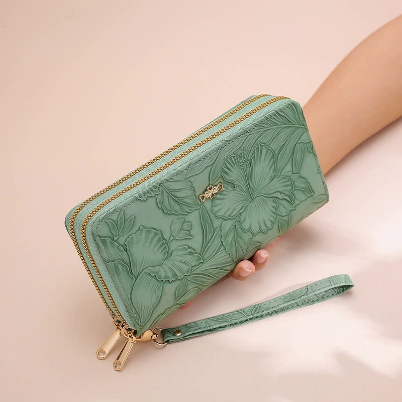 V888-ELOSUNG16026-214230-00 2 PCS Green Elegant Floral Embossed Long Wallet with Double Zipper - Image 1
