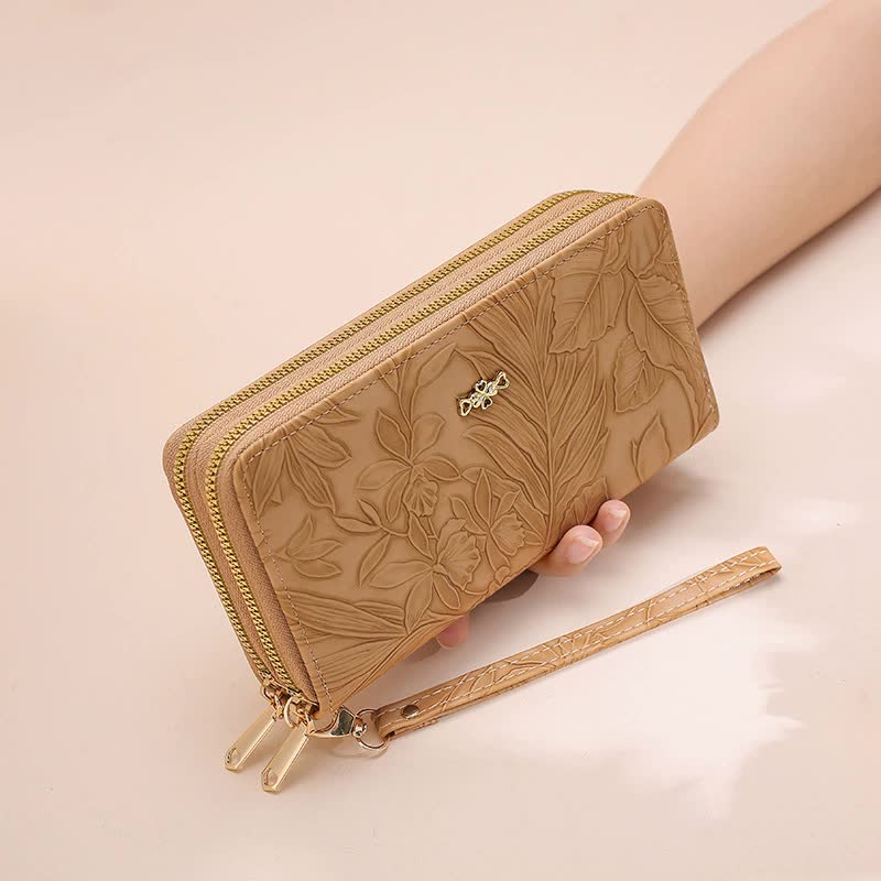 V888-ELOSUNG16027-214231-00 2 PCS Khaki Elegant Floral Embossed Long Wallet with Double Zipper - Image 1