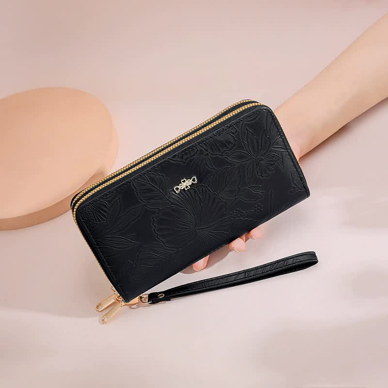 V888-ELOSUNG16029-214233-00 2 PCS Black Elegant Floral Embossed Long Wallet with Double Zipper - Image 1