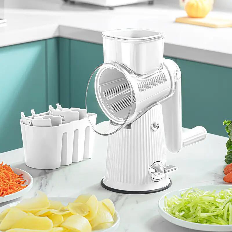 V888-ELOSUNG16039-214632-00 White 10-in-1 Manual Vegetable Slicer with Interchangeable Blades - Multifunctional Rotary Grater and Shredder for Kitchen Use - Image 1