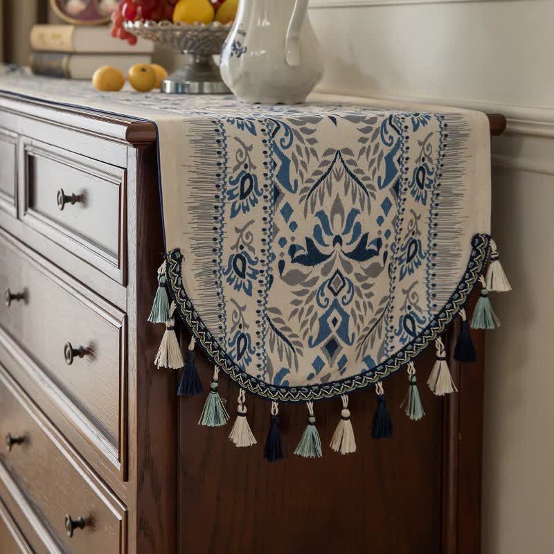 V888-ELOSUNG16054-214285-00 Blue Vintage Bohemian Tassel Table Runner - 40x180cm Decorative Linen - Image 1