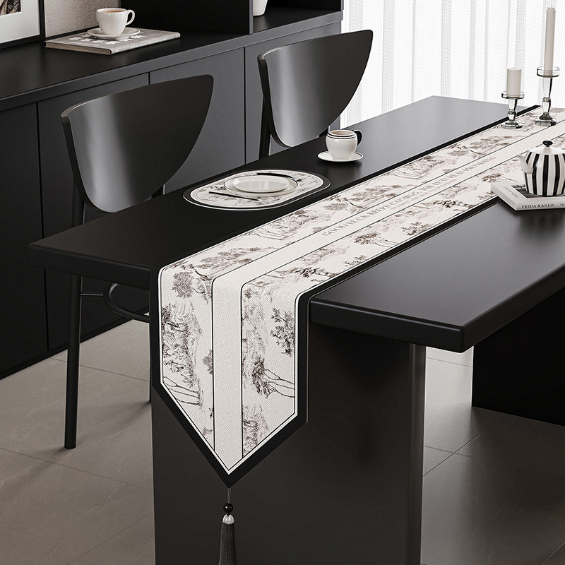 V888-ELOSUNG16060-214334-00 Black-white Elegant Green Botanical Table Runner with Tassels - 30x180cm - Image 1
