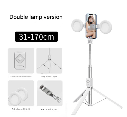 V888-ELOSUNG16115-214526-00 White Double Light 3-in-1 Bluetooth Selfie Stick with Tripod and Remote Control - Adjustable for Smartphones - Image 1