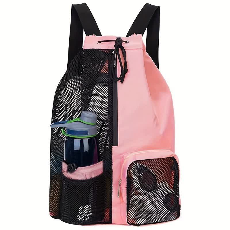 V888-ELOSUNG16224-215196-00 Pink Mesh Drawstring Backpack - Lightweight Sports and Beach Bag with Pockets - Image 1