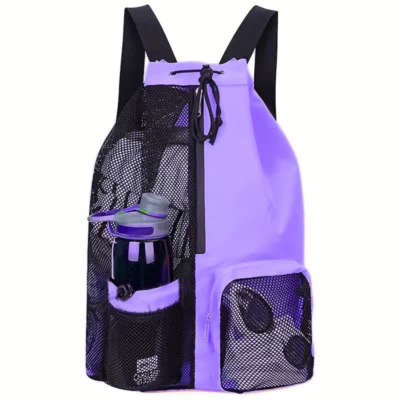V888-ELOSUNG16226-215200-00 Purple Mesh Drawstring Backpack - Lightweight Sports and Beach Bag with Pockets - Image 1