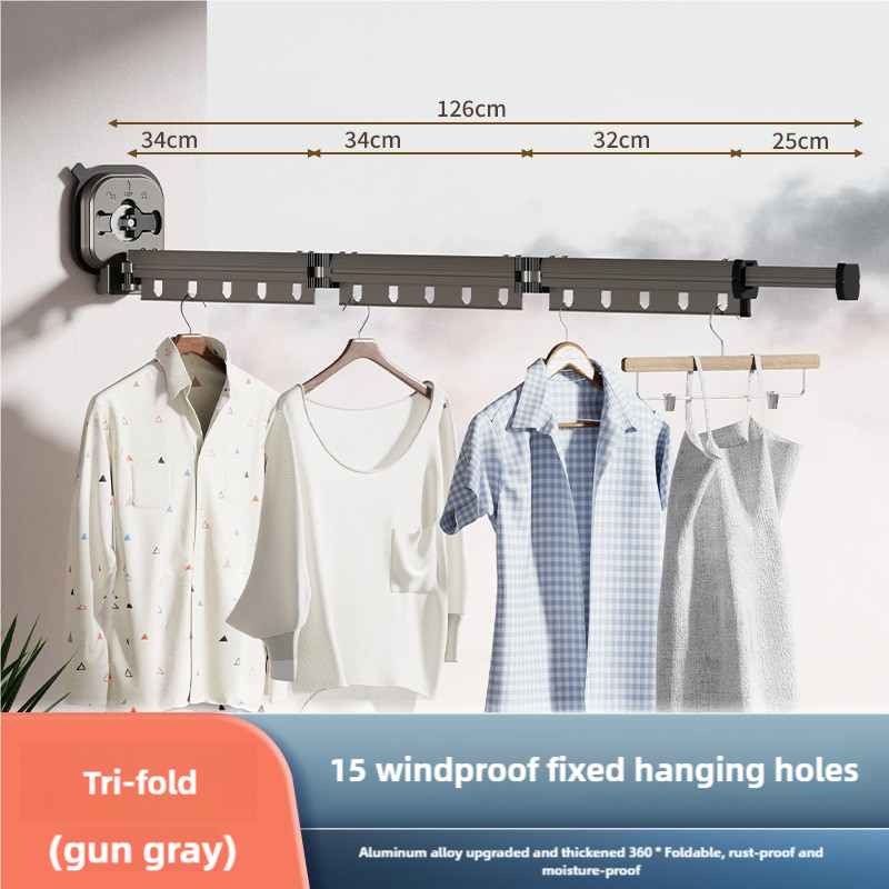V888-ELOSUNG16236-215291-00 Grey Wall-Mounted Foldable Clothes Drying Rack - 3-Section Aluminum with 15 Windproof Hooks - Image 1