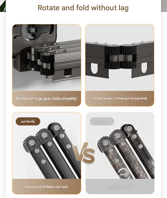 V888-ELOSUNG16239-215292-01 White Wall-Mounted Foldable Clothes Drying Rack - 2-Section Aluminum with 10 Windproof Hooks - Image 1