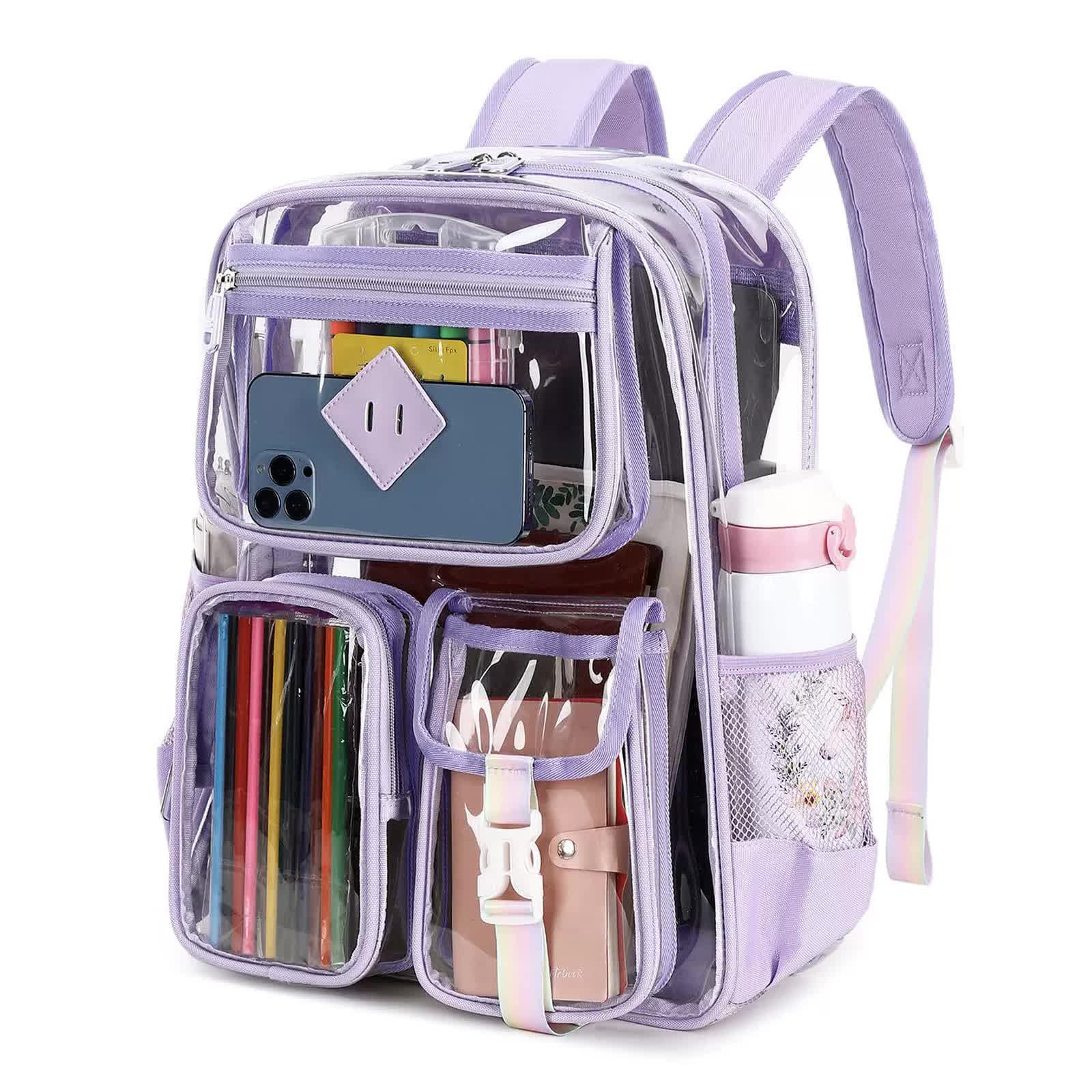 V888-ELOSUNG16250-215716-00 Purple Clear Transparent Backpack - Stylish PVC School Bag with Multiple Pockets - Image 1