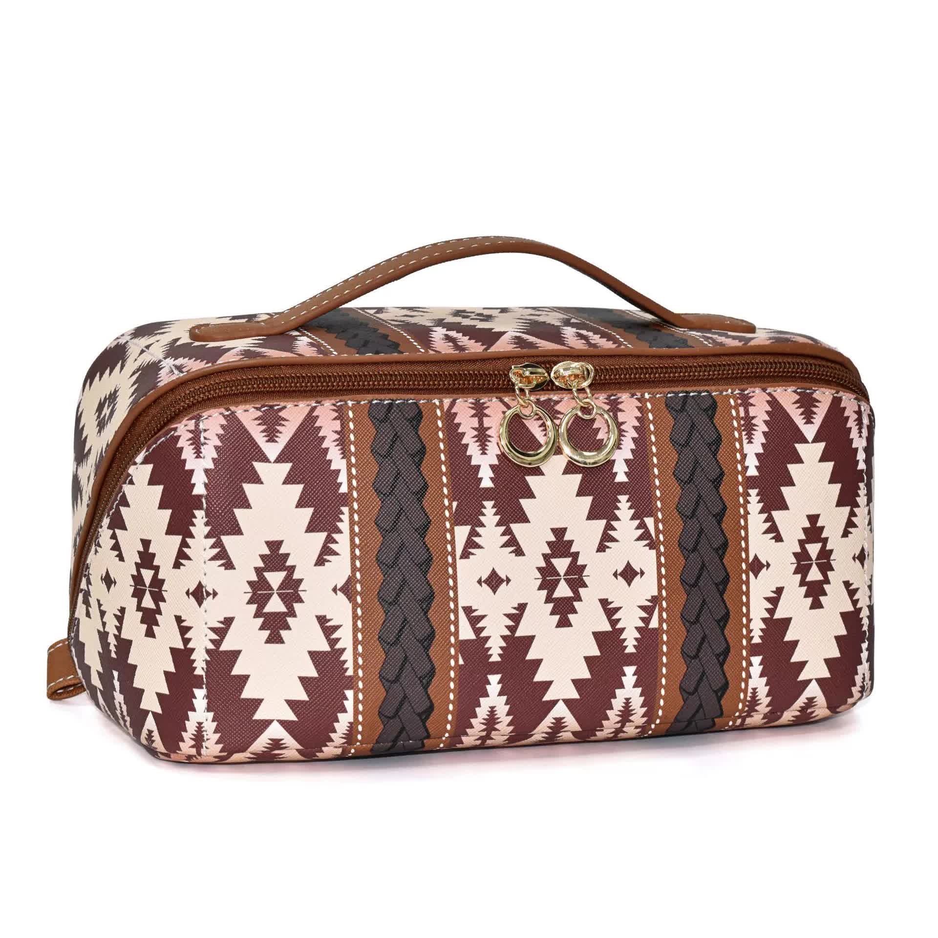 V888-ELOSUNG16264-215524-00 Brown Boho Travel Cosmetic Bag - Large Waterproof Makeup Organizer with Handle - Image 1