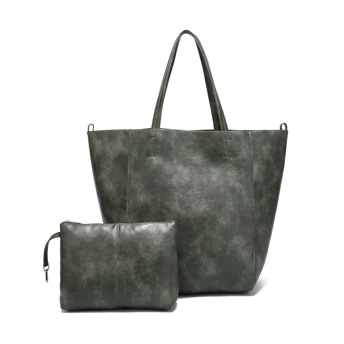 V888-ELOSUNG16275-215536-00 Grey-green Classic Large PU Leather Tote Bag with Inner Pouch - Elegant and Functional - Image 1