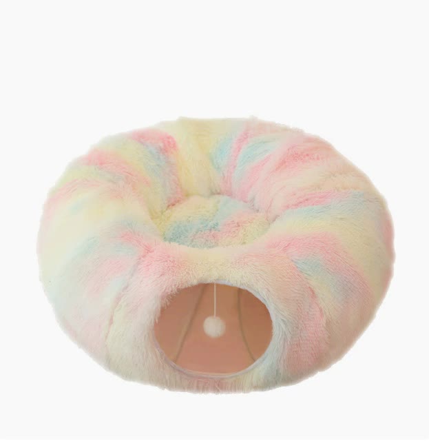 V888-ELOSUNG16330-215785-00 Rainbow Luxury Plush Cat Bed with Hidden Tunnel - Soft Round Pet Bed for Cats and Small Dogs - Image 1