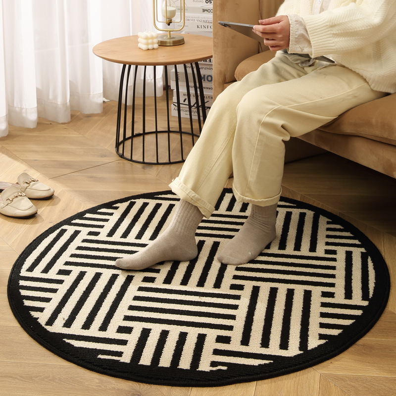 V888-ELOSUNG16404-215993-00 Black Horizontal Stripes Modern Round Area Rug with Geometric Black and White Pattern - Image 1