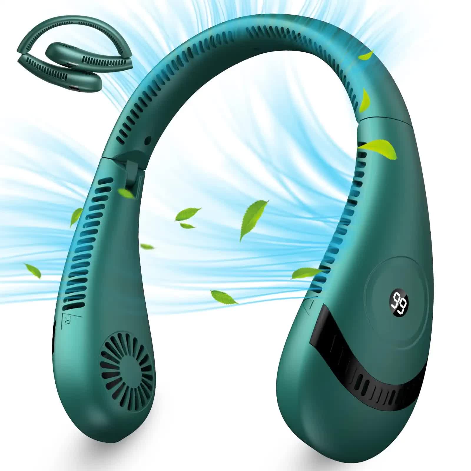 V888-ELOSUNG16422-216031-00 Green Rechargeable 5000mAh Portable Neck Fan with 3-Speed Settings - Image 1