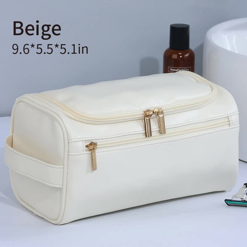 V888-ELOSUNG16435-216055-00 Beige Premium PU Leather Travel Toiletry Bag with Zipper Compartments - Image 1