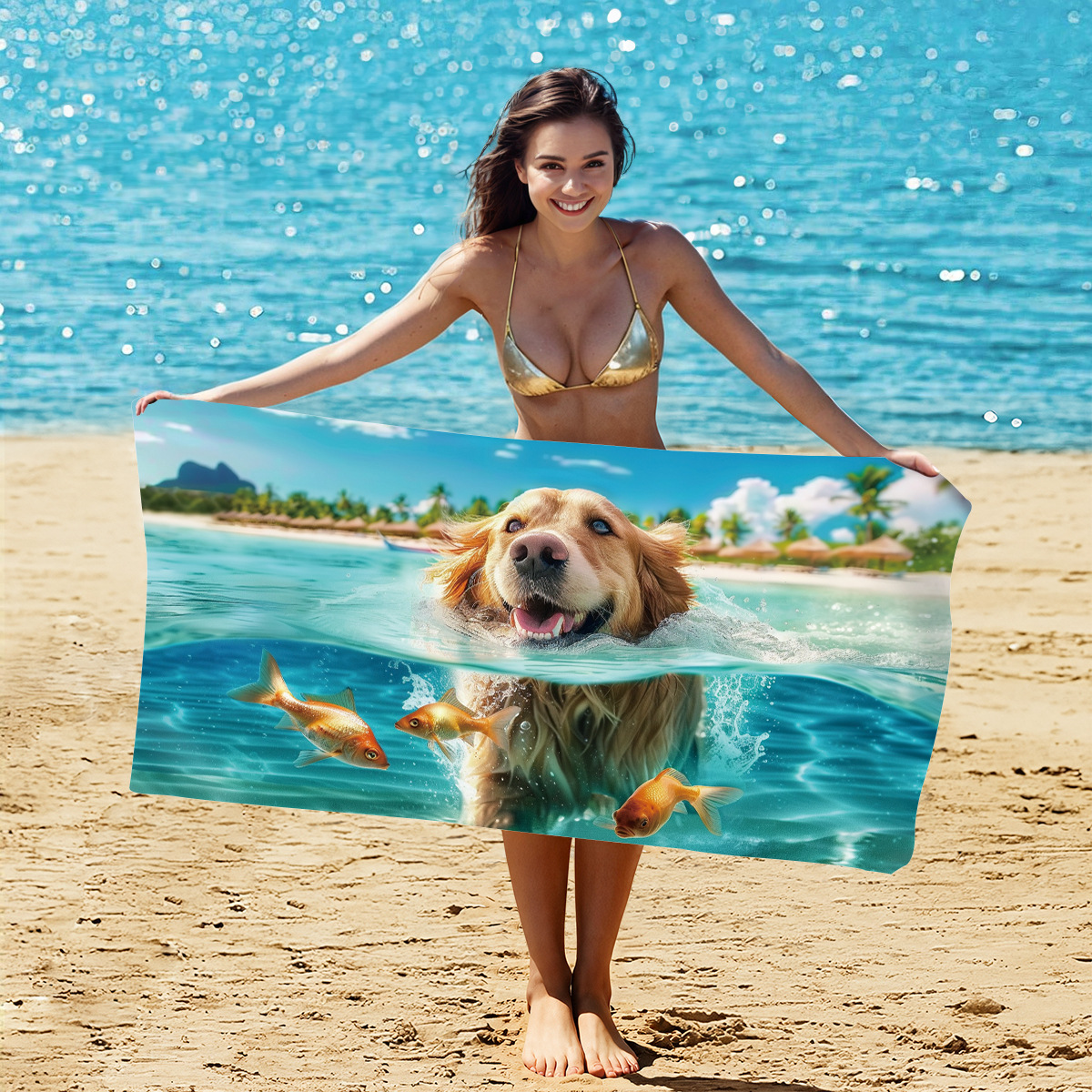 V888-ELOSUNG16504-216348-00 2 PCS Swimming Golden Retriever Extra Large Microfiber Double-Sided Beach Towel, Quick-Drying and Portable - Image 1