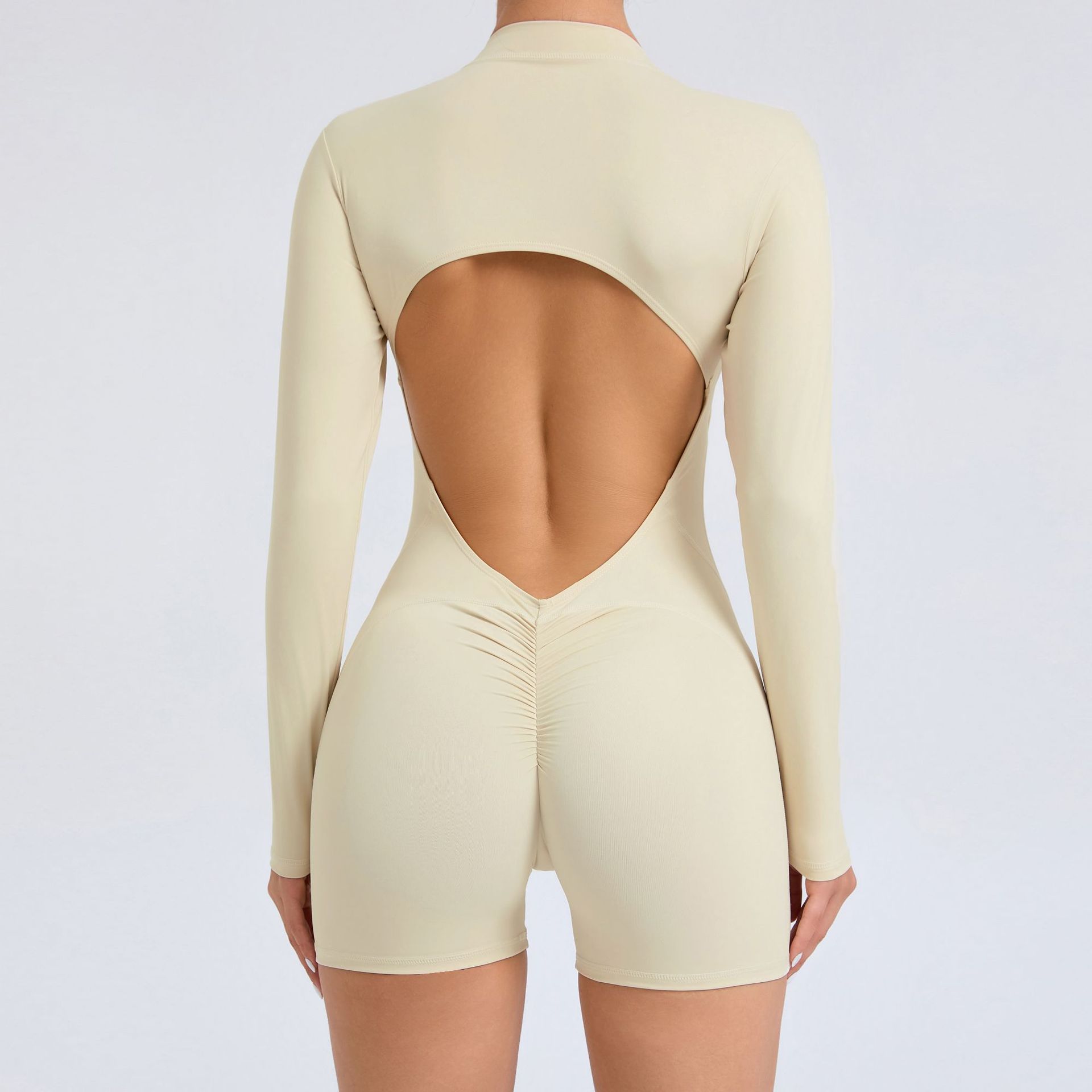V888-ELOSUNG16893-224841-00 L Beige Backless Scrunch Butt Workout Jumpsuit - Long-Sleeve Open-Back Yoga Romper - Image 1