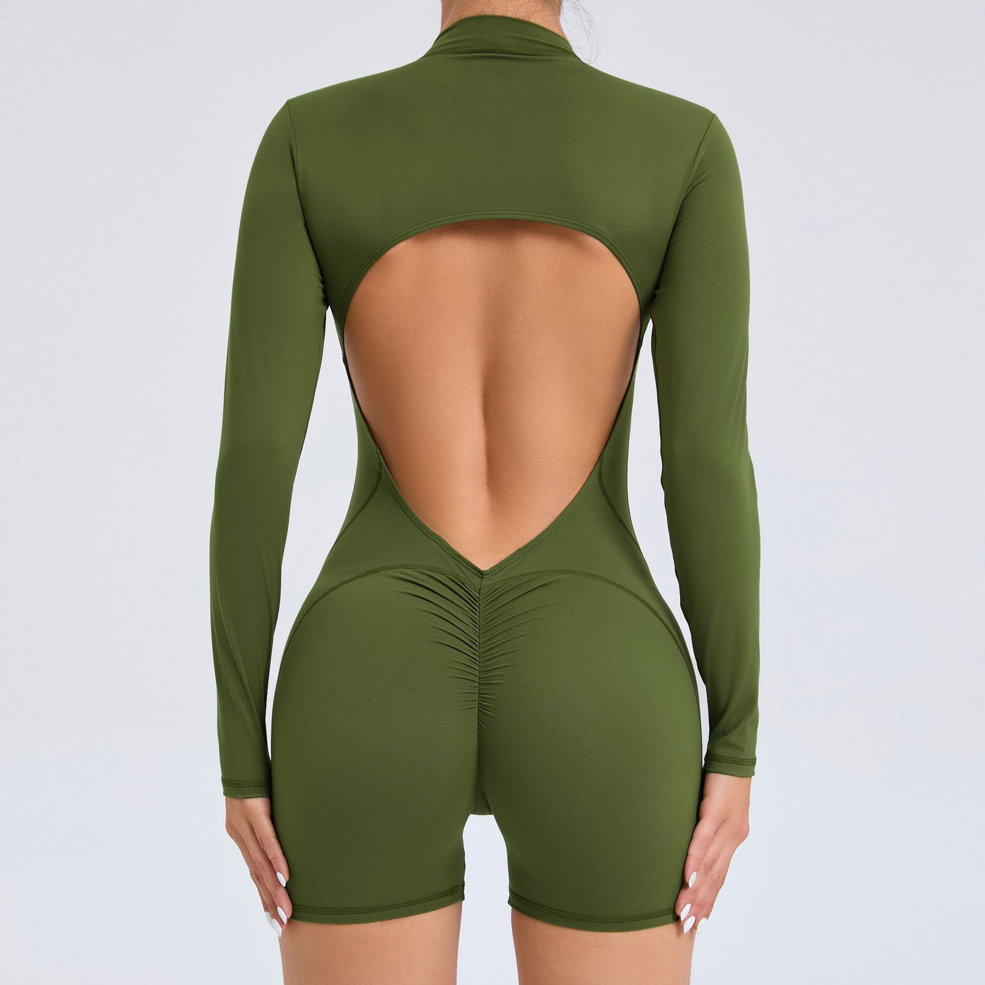 V888-ELOSUNG16896-224850-00 L Green Backless Scrunch Butt Workout Jumpsuit - Long-Sleeve Open-Back Yoga Romper - Image 1