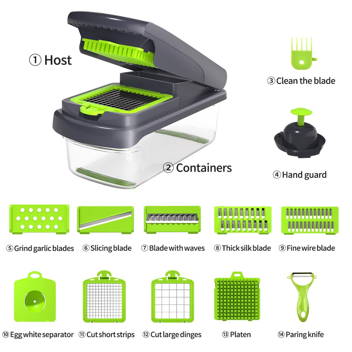 V888-ELOSUNG17022-214046-00 Green and Grey 14-Piece Multifunctional Vegetable Chopper and Slicer Set - Kitchen Cutting and Grating Tool - Image 1