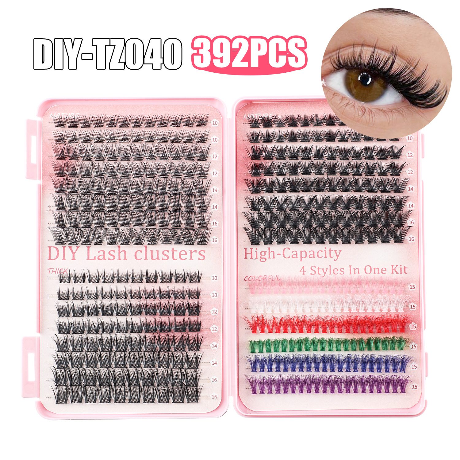 V888-ELOSUNG17073-214637-00 392 Eyelashes Set DIY Lash Clusters Kit - High-Capacity 4 Styles with Black and Colorful Lashes - Image 1