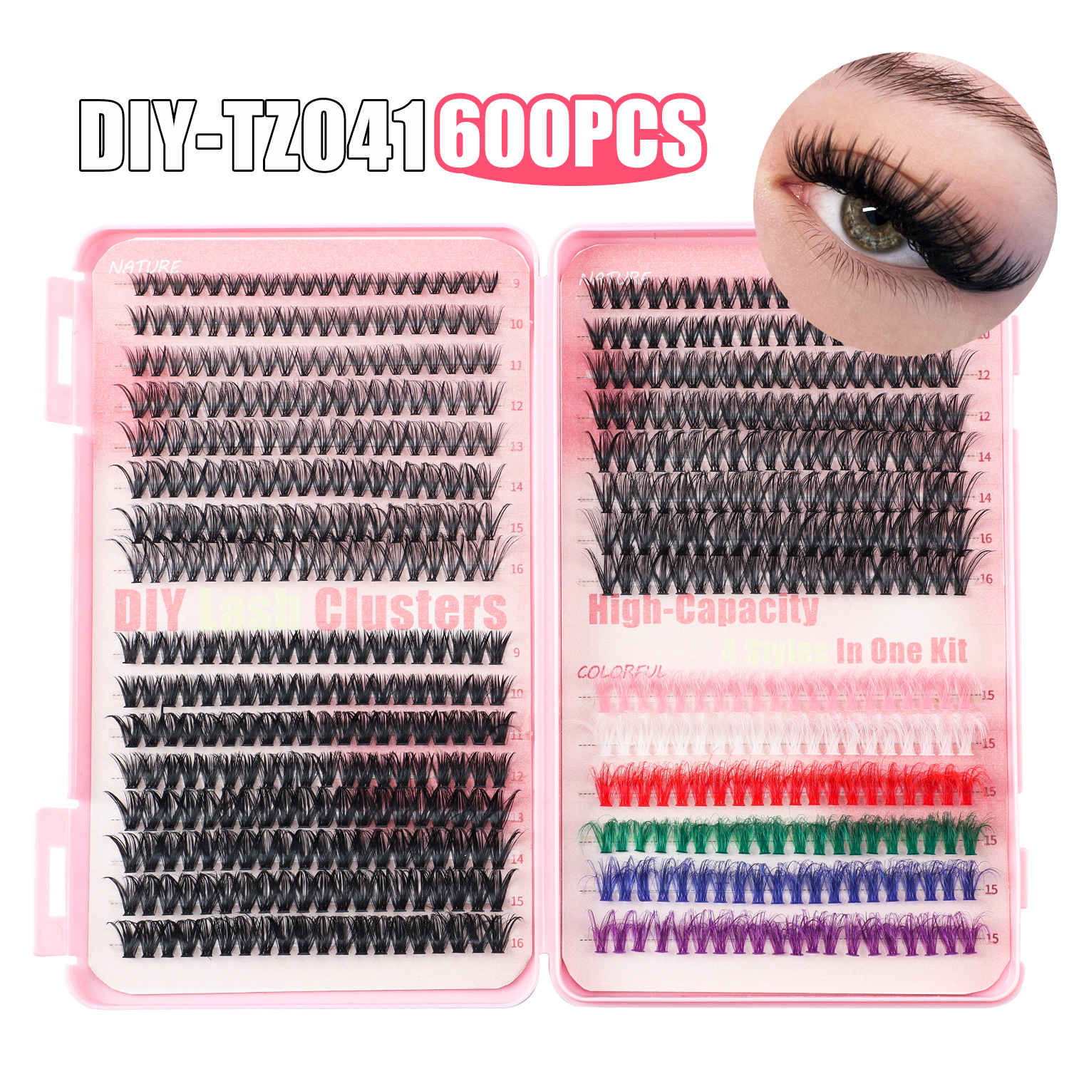 V888-ELOSUNG17074-214421-00 600 Eyelashes Set DIY Lash Clusters Kit - High-Capacity 4 Styles with Black and Colorful Lashes - Image 1
