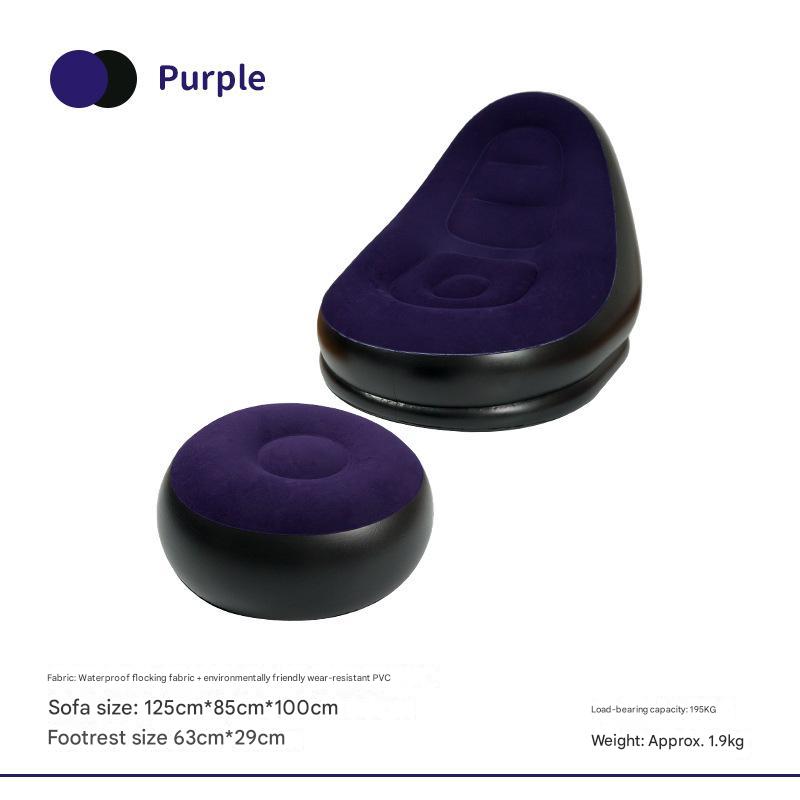V888-ELOSUNG17120-214478-00 Purple And Black Patchwork Portable Inflatable Sofa Chair with Ottoman - Waterproof Flocked Lazy Sofa for Camping and Home Use - Image 1
