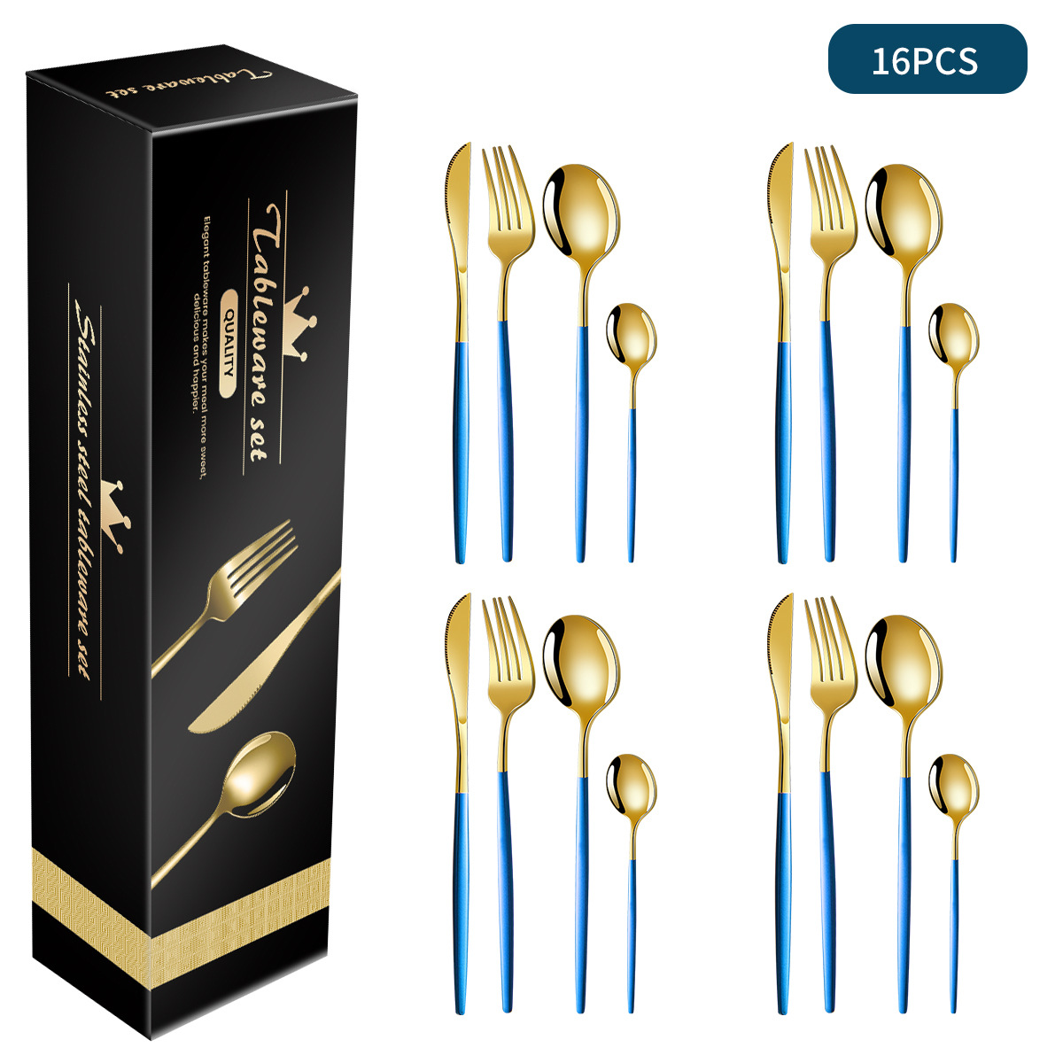 V888-ELOSUNG17141-214506-00 Blue And Gold Patchwork Colours 410 Stainless Steel 16-Piece Flatware Set - Elegant Dinnerware with Knife, Fork, Spoon for 4 People - Image 1