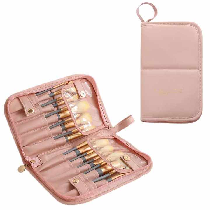V888-ELOSUNG17161-214538-00 Pink Portable Shell Makeup Brush Storage Bag - Multi-Functional PU Cosmetic Organizer with Button Closure, Convertible to Stand Design(Make-up brushes are filming props, not included) - Image 1