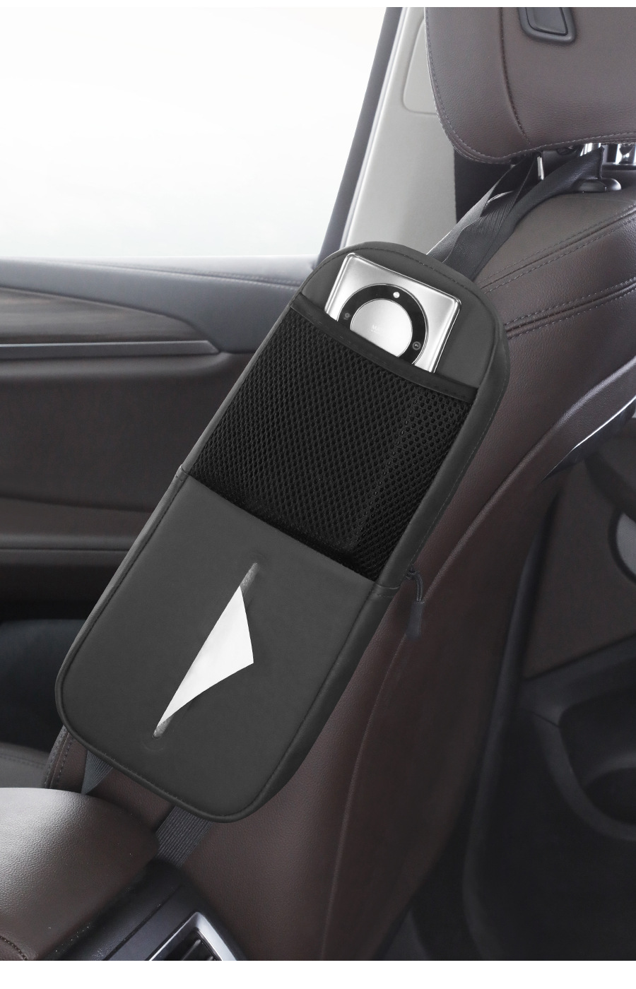 V888-ELOSUNG17195-215351-00 Black Multifunctional Car Seat Side Organizer with PU Leather Tissue Holder and Mesh Pocket – Compact Storage Bag for Phones and Accessories(Mobile phones and tissues are filming props, not included) - Image 1