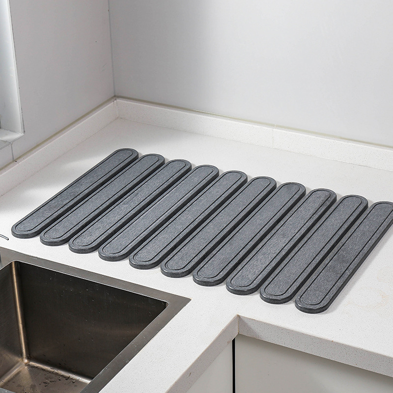 V888-ELOSUNG17213-214921-00 Dark Gray Oval Shaped Engraved Inner Frame Foldable Diatomaceous Earth Drying Mat - Super Absorbent, Fast-Drying, Non-Slip Kitchen Countertop Mat - Image 1