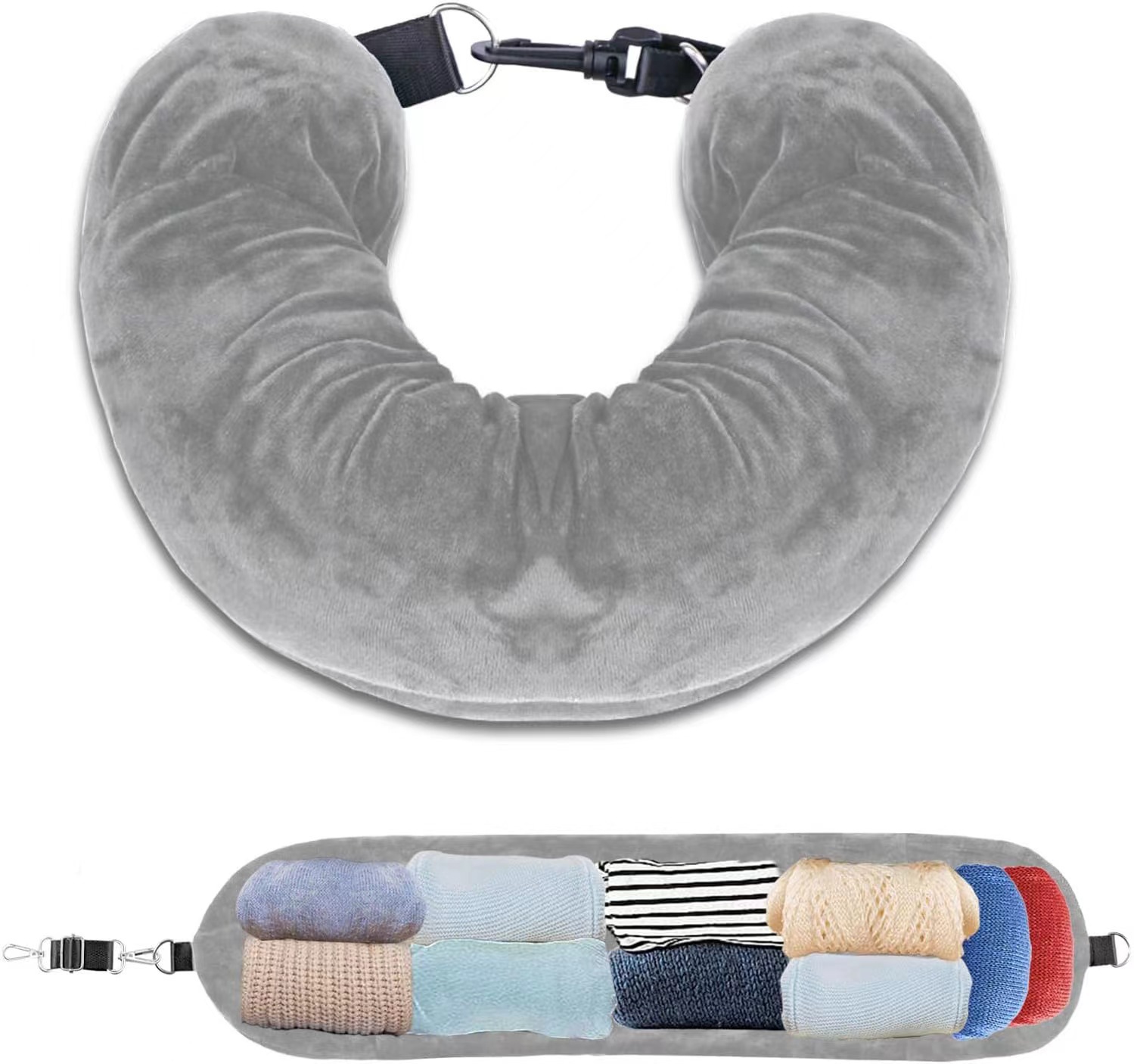 V888-ELOSUNG17216-215118-00 Grey Suede Portable Refillable Travel Neck Pillow with Storage Bag -Lightweight and Compact for Airplane, Car, and Train - Multi-Purpose Travel Organizer - Image 1