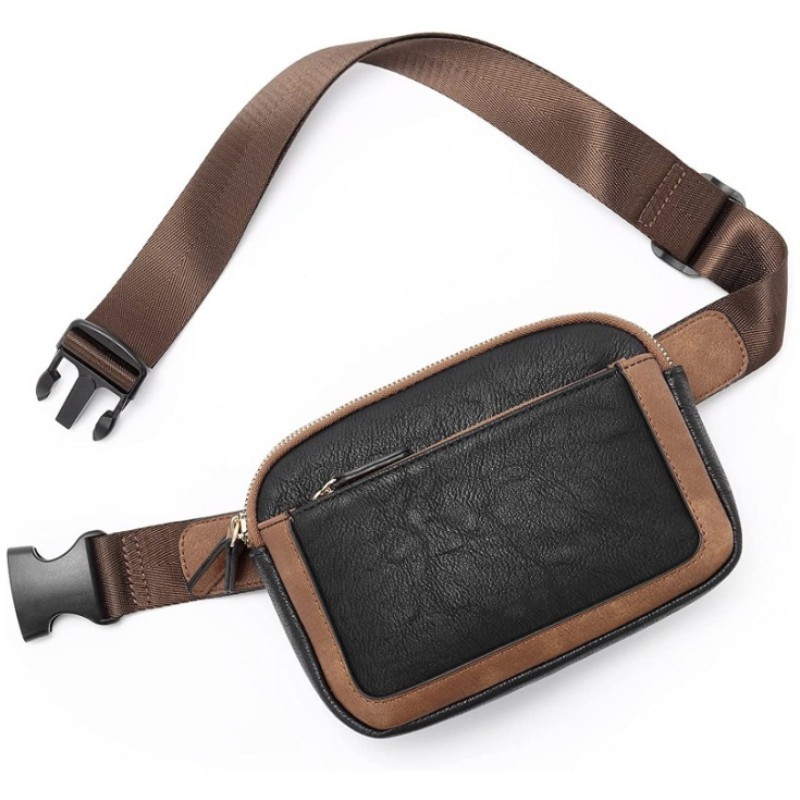 V888-ELOSUNG17343-215665-00 Black And Brown Color Matching Adjustable Waterproof PU Leather Waist Bag - Stylish Crossbody Belt Bag for Men & Women - Image 1