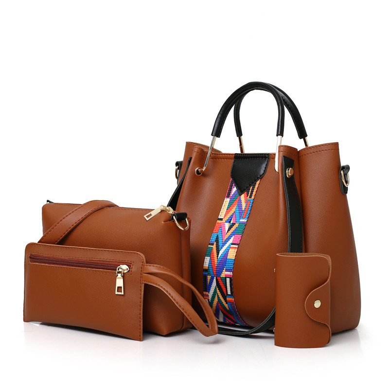 V888-ELOSUNG17353-215676-00 Brown Elegant 4-Piece Women's Handbag Set - Stylish PU Leather Tote, Shoulder Bag, Clutch, and Wallet for Every Occasion - Image 1