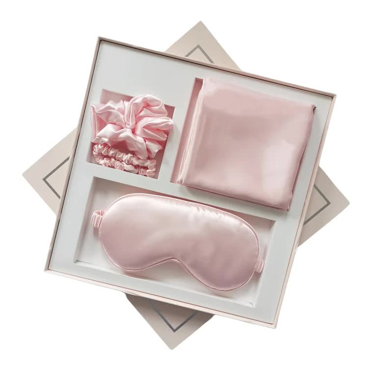 V888-ELOSUNG17432-215990-00 Pink Luxury Faux Silk Sleep Gift Set - 4-Piece Eye Mask, Pillowcase & Scrunchies for Relaxation & Comfort - Image 1