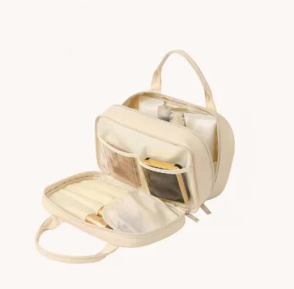 V888-ELOSUNG17471-216147-00 Off White Premium PU Leather Portable Makeup Bag - Large Capacity Waterproof Travel Cosmetic Organizer(Cosmetics are shooting props, not included) - Image 1