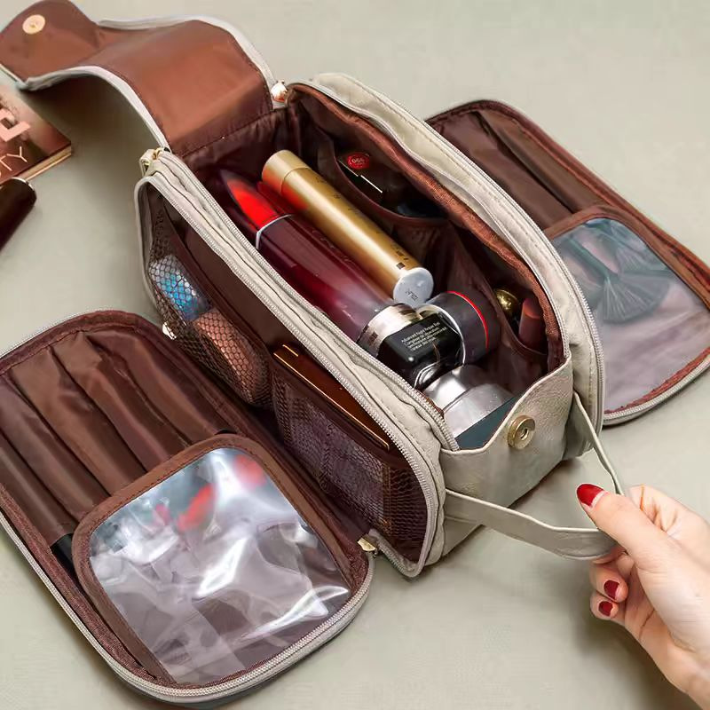 V888-ELOSUNG17520-216424-00 Brown Large Capacity Makeup Organizer Bag - Travel-Friendly Double-Zip Cosmetic Storage Case for Women(Makeup items are shooting props and are not included) - Image 1