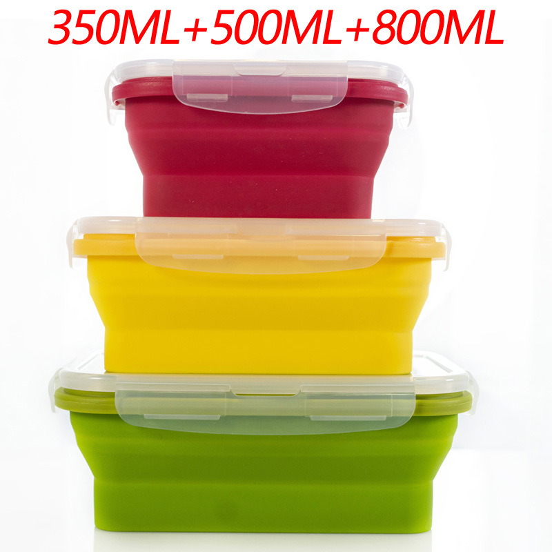 V888-ELOSUNG17546-216371-00 3-piece Set (Red + Yellow +Green) Collapsible Silicone Food Storage Containers Set - 350ML, 500ML, 800ML | BPA-Free, Microwave, Dishwasher & Freezer Safe | Foldable & Portable Bento Boxes for Travel & Outdoor - Image 1